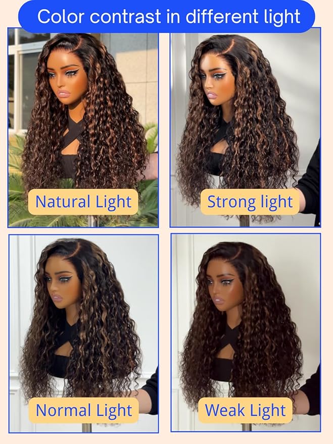 Nadula Golden Brown Highlight Water Wave Bye Bye Knots Glueless Wig Pre Cut 7X5 Invisible Knots HD Lace Front Wigs Human Hair Pre Plucked Wet and Wavy Ready to Go Wig 150% Density 16inch