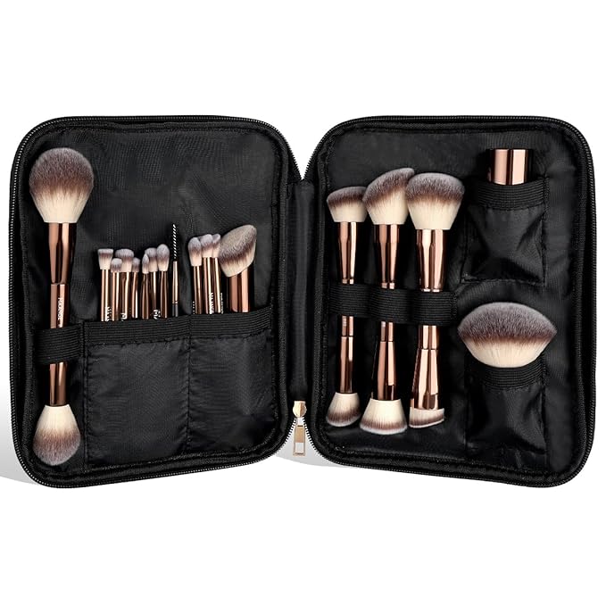 MAANGE 20 PCS Makeup Brush Set with Bag Double-ended Kabuki Brush Foundation Contour Brush for Liquid Powder Concealer Eye Shadows Cream Cosmetics Blending Blush Face Makeup Tools with Case (Coffee)