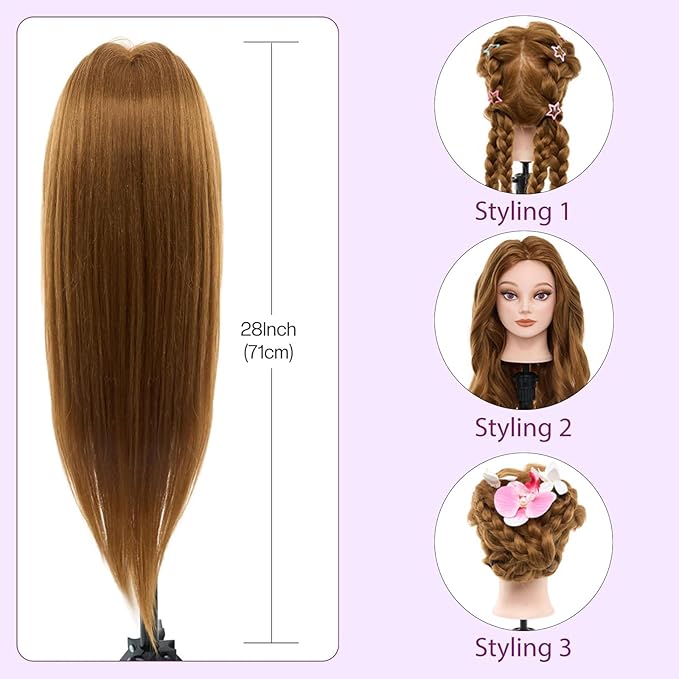 28 Mannequin Head with 80% Human Hair - Cosmetology Makeup Manikin Doll Head for Hair Styling Hairdressing Training Practice Braiding Head with Table Clamp Styling Set Suitable for Hair Extensions
