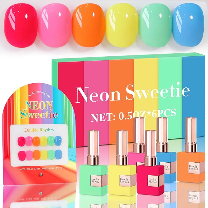 Double Rhythm 6 Pcs 15 ML Gel Polish Set Same Color Same Bottle Soak Off Gel Polish Kit Nail Art Manicure Salon DIY at Home for Women (Pastel Red Pink Orange Yellow Green-T6-11)