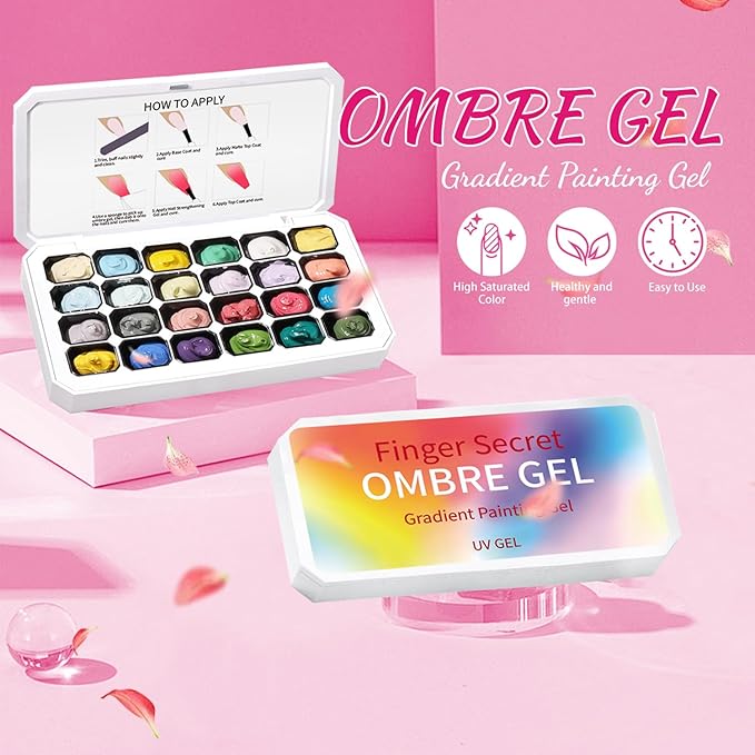 24 Colors Ombre Gel Nail Polish SetOmbre Pigment for NailsGradient Painting Gel with 100Pcs Nail Sponges for 3D Gels Nail Art can be Painted in Salon or Home Use