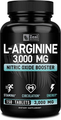 Zeal Naturals L Arginine 3000mg Capsules (150 Tablets | 1000mg) Maximum Dose L-Arginine Nitric Oxide Supplement for Supporting Muscle Growth Vascular Function and Energy - Nitric Oxide Booster