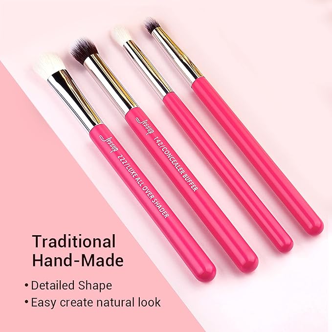 Jessup Professional Natural-Synthetic Eye Makeup Brushes Set 15pcs for Eyeshadow Blending Concealer Eyeliner Eyebrow Rose Carmine/Silver T197
