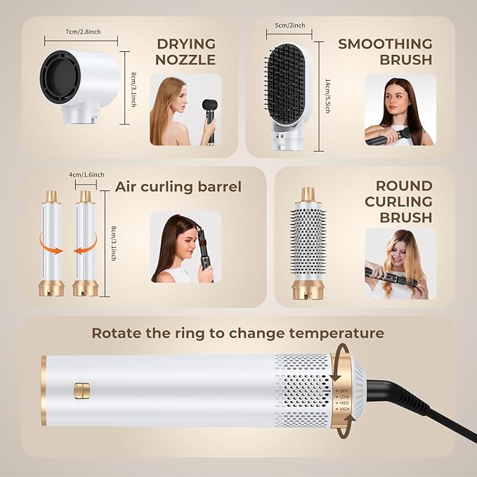 5 in 1 Blow Dryer Brush Upgrade Hair Dryer Brush Air Curler Air Curling Wrap Styler Detachable Hot Air Brush Negative Ion Curling Brush Iron Hair Styling Tools for Drying Curling Straightening