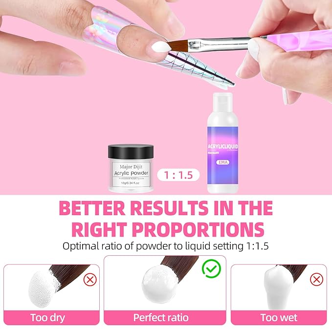 Major Dijit Acrylic Nail Kit with Drill - Starter Set with White Pink Clear Acrylic Powder 6 Gel Polishes UV LED Lamp Nail Decorations and Tools for Home Manicure