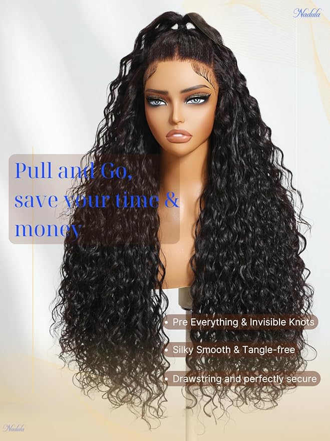 Nadula Pre Everything Glueless Water Wave 13x4 Hd Lace Front Wigs Human Hair with Invisible Drawstring Wet and Wavy Bye Bye Knots Glueless Wig Pre Plucked Pre Cut Lace Ready to Wear Front Wig 16inch
