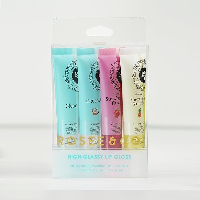 ROS?E &amp CO Rosee Lip Gloss Vegan &amp Cruelty Free Treatment Professional Make up Long Lasting Glossy with Shea Butter Moisturize Protect &amp Smooth High Shine Non-Sticky - Set of 4-6