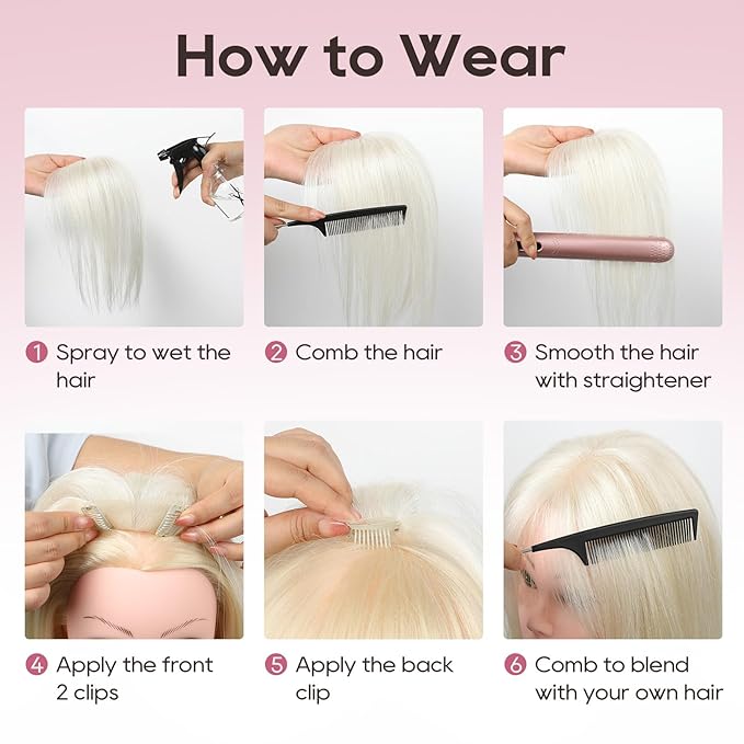 REECHO Hair Toppers for Women Real Human Hair Seamless Human Hair Toppers with Bangs 360° 3D Cover Clip in Bangs Hair Extensions for Daily Wear White Blonde