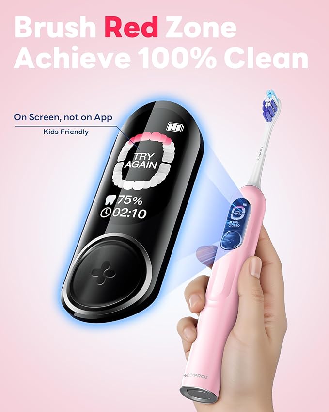 AI Smart Electric Toothbrush for Kids Adults with LED Screen | 150-Day Rechargeable Toothbrush Real-Time Map |3-Min Timer Travel Case | Teens Sonic Toothbrush Gift for Family Chirstams (G5S Pink)