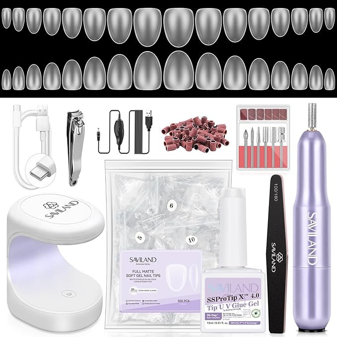SAVILAND Advanced Gel Nail Kit Almond: 15 Sizes Extra Short Almond Nail Tips with Nail Drill &amp U V Lamp 500 Pcs Salon Grade Full Matte Nail Tips 30-Day Long Lasting Home DIY Beginner