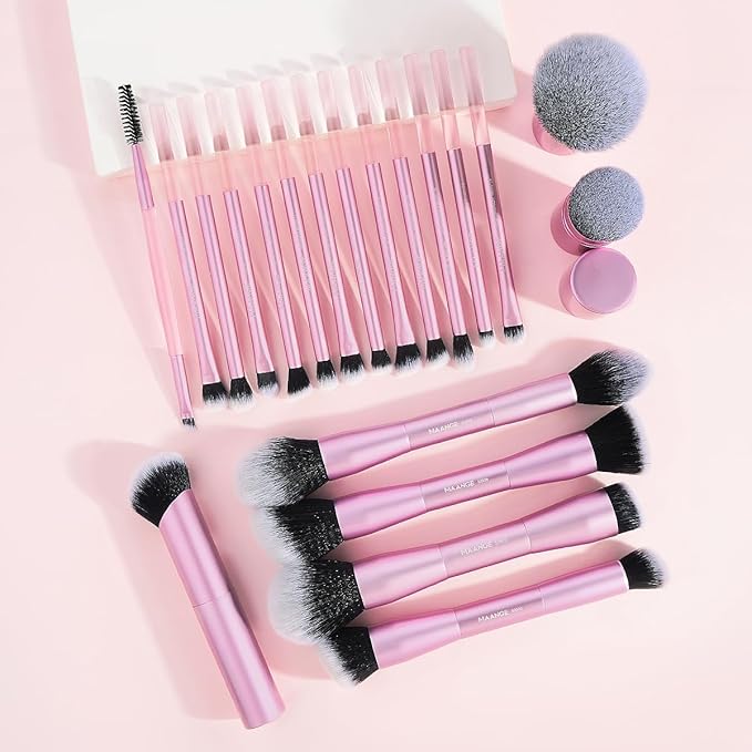 MAANGE 20 PCS Foundation Makeup Brush Set Double-ended Kabuki Contour Brush for Liquid Powder Concealer Blending Blush Buffing Makeup Tools (Pink)