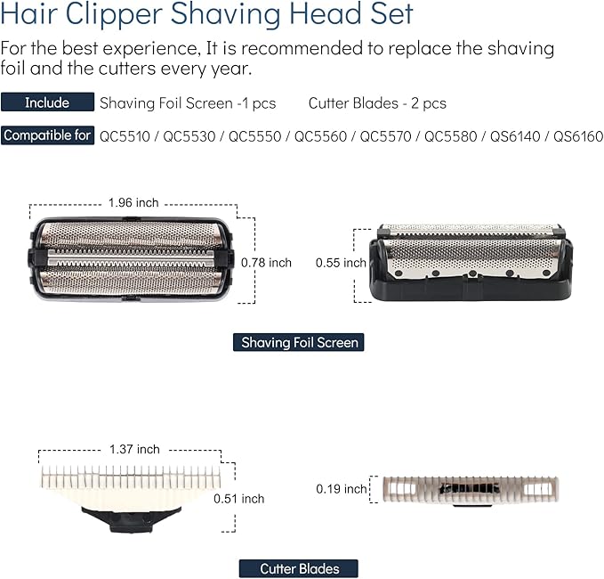 Foil Screen and Shaver Head Cutter Blades Replacement Compatible with Philips QC5550 QC5580 QC5570 QC5510 QC5530 QC5560 Hair Cilppers Comb Parts Trimmer Shaving head intended for QS6140 QS6160