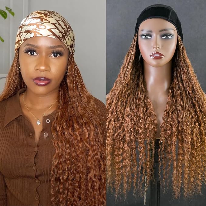 #30 Light Brown Braids Band Wig With Human Hair Curly Ends Boho Box Braids Head Band Wig Grab And Go Braided Hair Extensions For Women Color 30 20 Inch