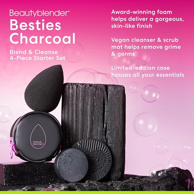 Beautyblender® | Besties Charcoal Blend &amp Cleanse 4-Piece Starter Set Pro Black Makeup Sponge + Solid Charcoal Cleanser .558 oz + Silicone Scrub Mat + Travel Case Made in USA Vegan Cruelty Fre