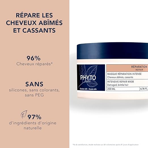 PHYTO PARIS REPAIR Intensive Restructuring Mask Vegan Silicone Free Restores and Strengthens Damaged Hair and Brittle Hair Fibers 6.76 fl.oz.