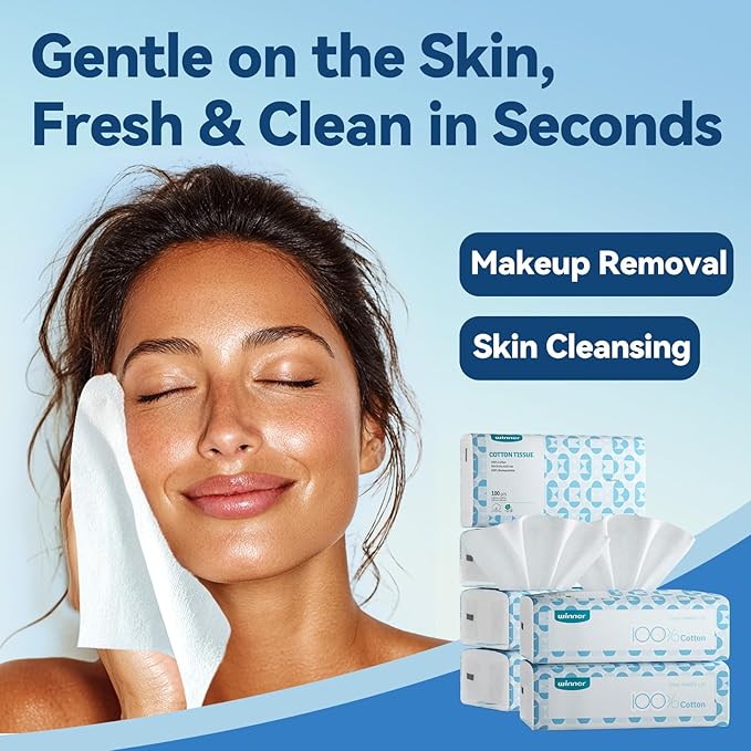 Winner Soft Face Towels 100% USDA Biobased Facial Towels Unscented Cotton Tissues for Sensitive Skin OEKO-TEX Certified Face Towelettes Disposable Makeup Remover Dry Wipes 600 Ct Pack of 6