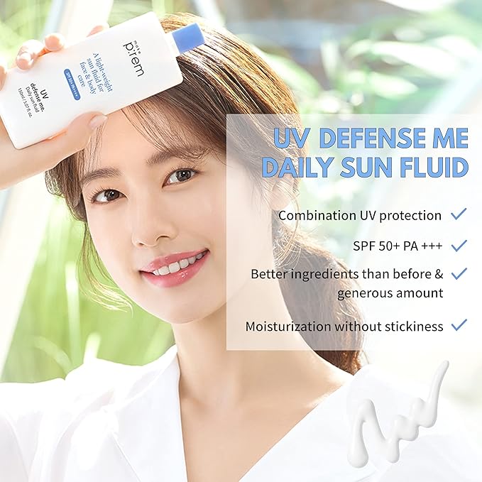 MAKEPREM Defense Me Daily Vegan Sun Fluid Non-greasy Calming Hydrating SPF 50+PA++++ Sunblock Reef-safe UV Broad Protection Sunscreen Blue Ray Sensitive Acne-Prone Oily Skin Face Body Korean Skincare