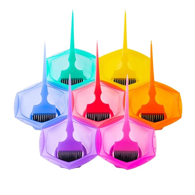 Professional Salon Hair Dye &amp Coloring Brush and Tint Bowl Set 7 Rainbow Application Brushes and Mixing Bowls (Pastel Rainbowl)