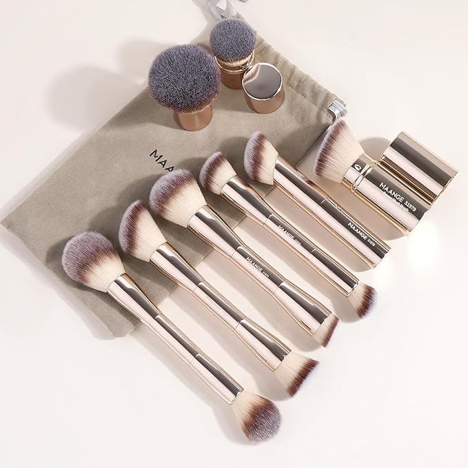 MAANGE 8 Pcs Makeup Brushes with Bag Double-End Multi-functional Makeup Brushes for Blending Liquid Powder Concealer Cream Blush Buffe (Gold)