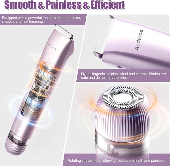 Bikini Trimmer for Women 2 in 1 Dual Head Womens Electric Shaver Electric Razors for Pubic Hair IPX7 Waterproof Rechargeable Facial Hair Removal for Shaving Underarm Leg Arm Body Face Purple