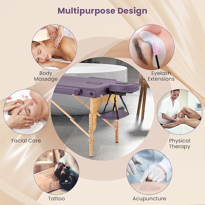 Giantex Massage Table Portable Massage Bed w/Carrying Case 2-Section Salon Spa Facial Care Tattoo Bed Height Adjustable Wood Frame Professional Massage Lash Bed for Eyelash Extension (Purple)