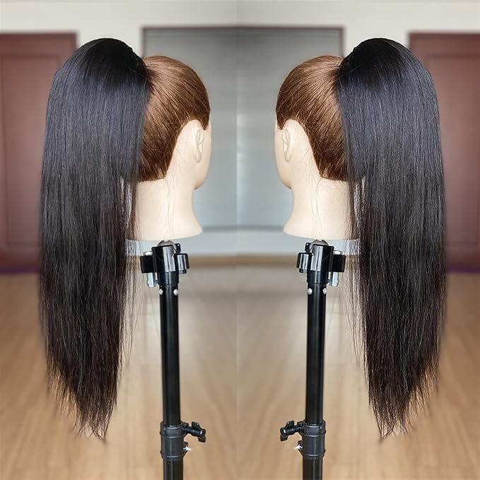SONGCHAO Fake Hair Bun Long Straight Hair Ponytail Extensions 12-26 Inch Wrap Around Ponytail Brazilian Real Hair Ponytail Black Wig Hair Bun Hair Accessories (Color : Black Size : 26inches 100g)