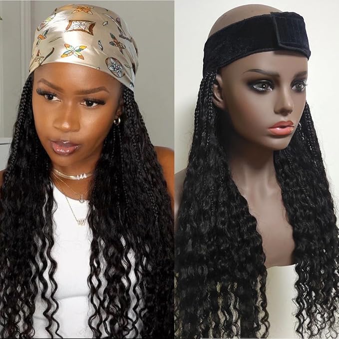 Boho Box Braids Band Wig with Human Hair Curly Ends Grab &amp Go Boho Band Braids Hair Extensions Goddess Boho Briaded Hat Wigs without Cap 12inch Natural Black