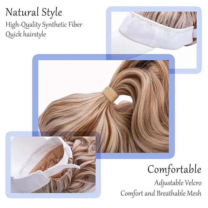 Visor Hat Wig for Women Baseball Cap Wig With Curly Synthetic Hair Extensions Ponytail Cap Wig Sun Hat With Hair Wig