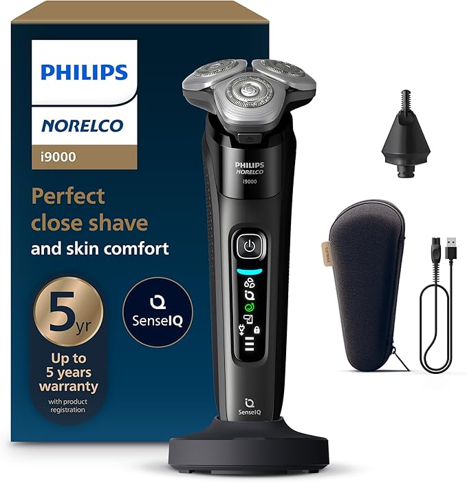 Philips Norelco Shaver i9000 Wet &amp Dry Electric Shaver Ink Black SenseIQ Technology Triple Lift &amp Cut System 360 Rotating Dual SteelPrecision Precision Blades Nose Trimmer Model X9000/9
