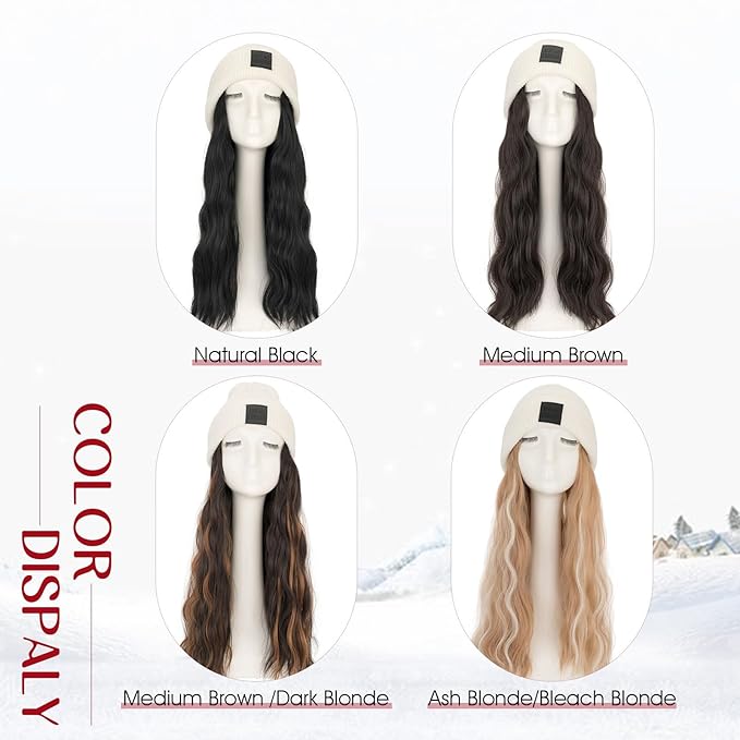 S-noilite Beanie Wig with Hair18 Inch Long Wavy Hair Extensions with White Knitted Hat Hairpieces for Women Winter Natural Black
