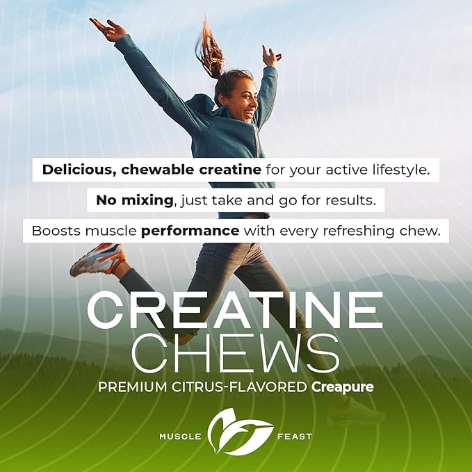 Muscle Feast Creatine Monohydrate Chewables - Vegan &amp Gluten-Free Creapure Creatine Chews for Men &amp Women - Delicious Citrus-Flavored Creatine Tablets for Muscle Building - Lemon Lime 360 Tab