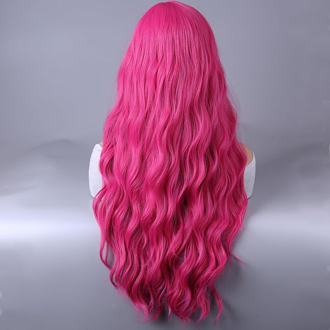 BERON Hot Pink Wigs Long Wavy Women Wigs with Bangs 26 Inches Curly Synthetic for Cosplay Party Wigs Wig Cap Included