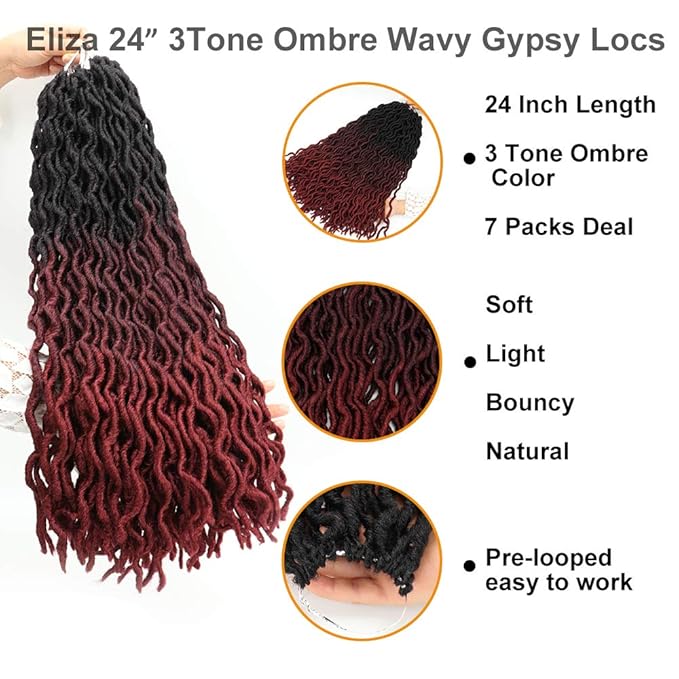 Eliza 24 Inch Wavy Gypsy Locs Ombre Crochet Hair 7 Packs Goddess Locs Faux Locs Crochet hair African Roots Dreadlocs Synthetic Braiding Hair Extensions for Black Women(247PacksOM3T99J530)
