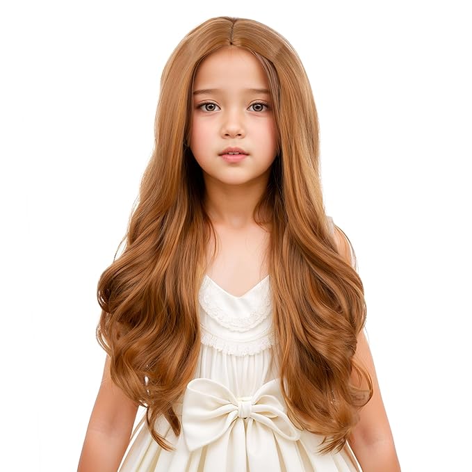 Girls Strawberry Blonde Wig Kids Long Blonde Wavy Curly Wig Child Middle Part Wigs Heat Resistant Synthetic Wigs with Cap