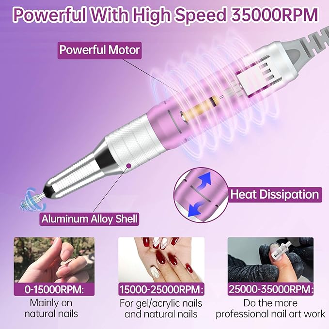 Delanie Professional Portable Electric Nail Drill Machine 35000 RPM Rechargeable Cordless Nail Filer Electric Nail File Efle for Dip Powder Acrylic Gel Nail Salon Nail Tool Violet