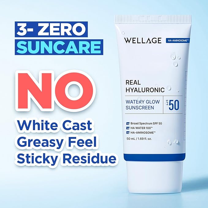 WELLAGE Real Hyaluronic Watery Glow Sunscreen Double Set SPF50 - Broad Spectrum UV Protection with 6 Types Hyaluronic Acid - No White Cast Makeup Base - K-Beauty Face Sunscreen 1.69 fl.oz x 2 Pack