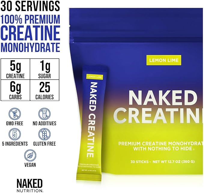 NAKED Pure Micronized Lemon Lime Creatine Monohydrate Stick Packs Vegan Non-GMO Gluten Free Soy Free. Aid Strength Gains No Additives - 30 Stick Packs