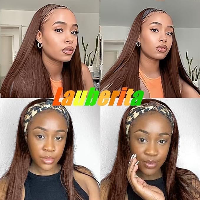 Straight Chocolate Brown Headband Wig Human Hair for Women 14-Inch 180% Density Headband Wigs Glueless Human Hair Wig(Straight #4)