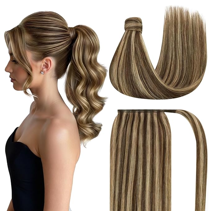 Ve Sunny Ponytail Extension Real Human Hair for Women Clip in Ponytail Hair Extension Straight Hair Pieces Wrap Around Chocolate Brown Mix Caramel Blonde 18inch 80G
