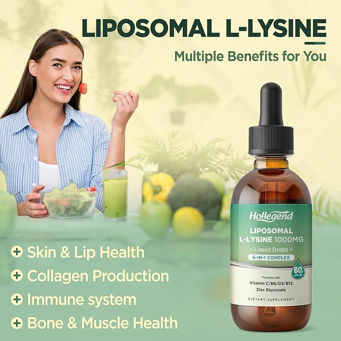 Liposomal L-lysine 1000MG Liquid Drops Lysine Supplement for Women &amp Kids with Vitamin C B6 D3 B12 &amp Zinc Gluconate Skin &amp Lip Health Immune &amp Collagen Production Support Lemon
