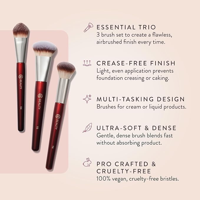 BK Beauty Core Complexion Trio Makeup Brushes Set (3PC) ? Foundation Concealer and Blending Brushes for Liquid Cream &amp Powder ? Vegan Cruelty-Free Ultra-Soft Face Makeup Brushes