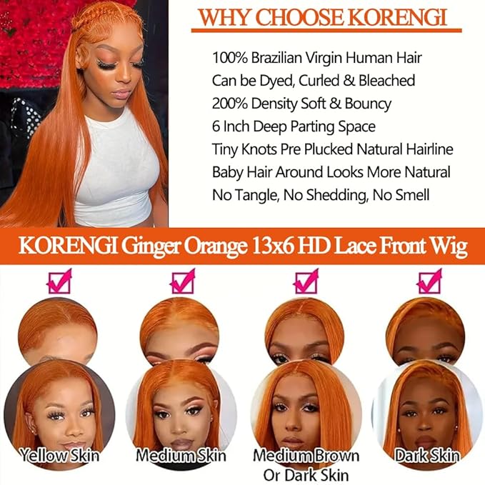 Lace Front Wigs Human Hair Pre Plucked HD Transparent Lace Frontal Wig Bralizian Virgin Human Hair Tiny Knots Natural Hairline with Baby Hair (Ginger Orange 24 Inch)