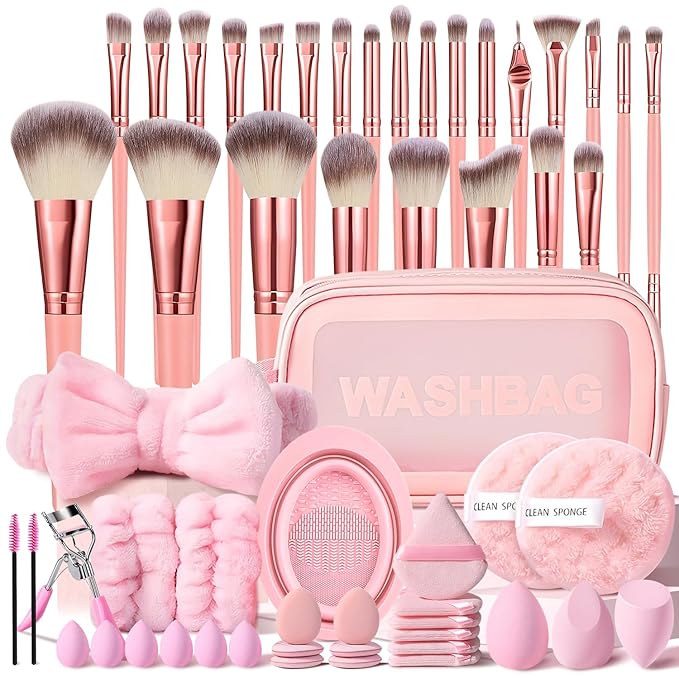 Pink Makeup Brushes Set Professional 56Pcs with Case Premium Synthetic for Foundation Concealer Blush Eyeshadow Powder Contour Makeup Brush Kit Face Eye Make up Brushes &amp Tools