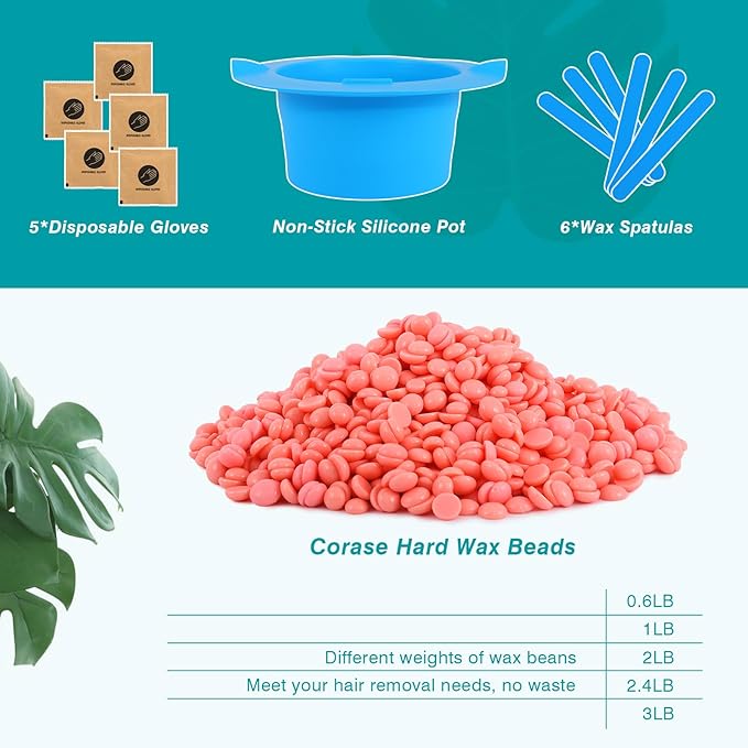 2 lb Hard Wax Beads All-purpose Wax Beans with Silicone Wax Pot for Sensitive Skin Brazilian Coarse Waxing for Bikini Face Eyebrow Back Chest Legs Armpit Women Men Rose