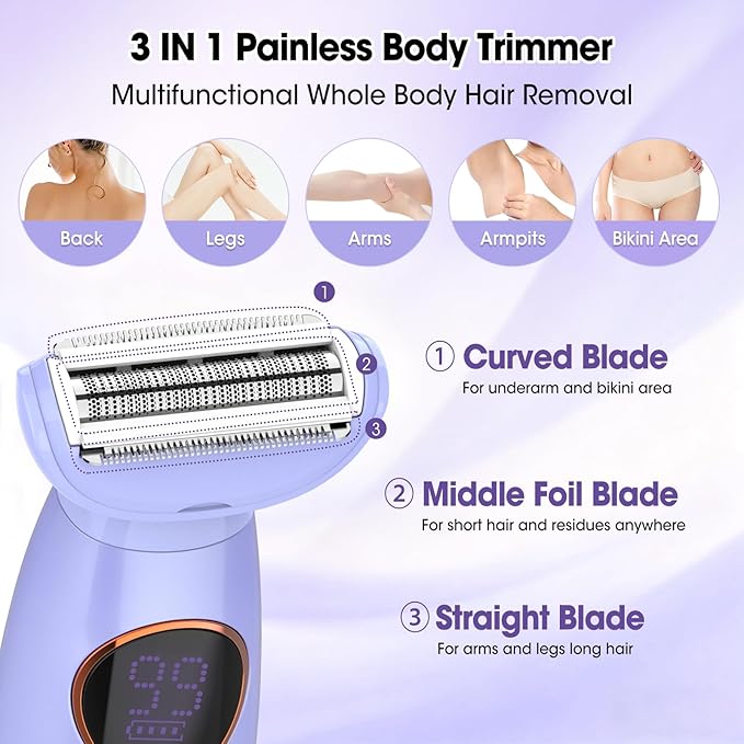 5 in 1 Bikini Trimmer for WomenIPX7 Waterproof Cordless Replaceable PubicEyebrowFacial Electric Razors&ampNose Hair Trimmer&ampPainless Body Shaver for Arms Legs UnderarmsUSB ChargeLED Display