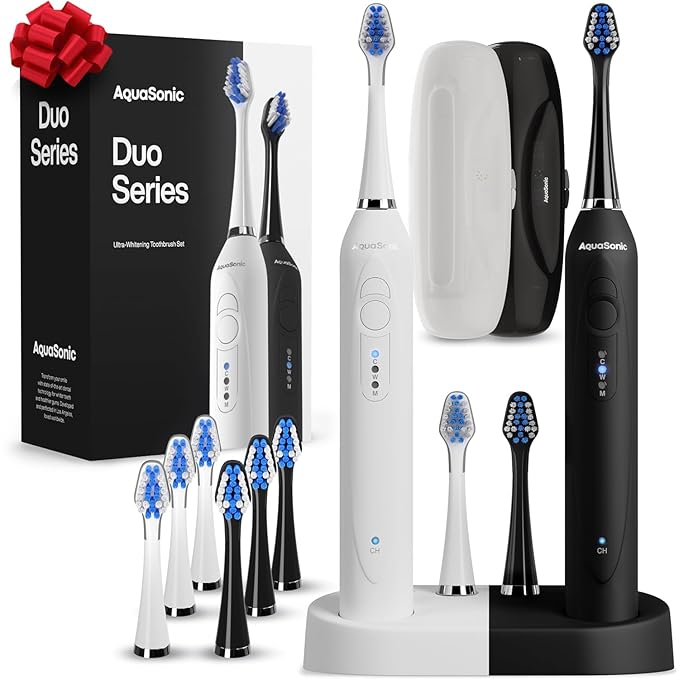 Aquasonic Duo - Dual Handle Ultra Whitening 40000 VPM Wireless Charging Electric ToothBrushes - 3 Modes with Smart Timers - 10 Dupont Brush Heads &amp 2 Travel Cases Included