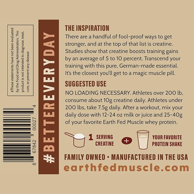 Earth Fed Muscle Transcend Creatine Monohydrate Powder ? 100% German Creapure Creatine for Women | Muscle Recovery &amp Building Energy Production | Unflavored 5g Serving 60 Servings per Container