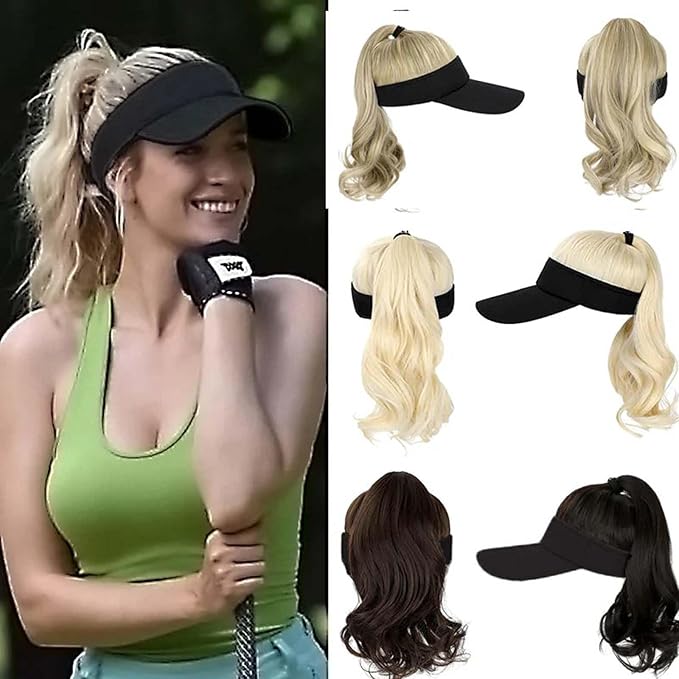 Visor Hat Wig for Women Baseball Cap Wig with Curly Synthetic Hair Extensions Ponytail Cap Wig Sun Hat with Hair Wig