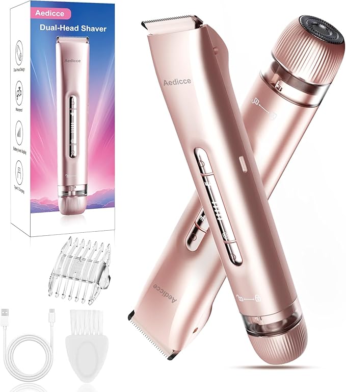 Bikini Trimmer for Women 2 in 1 Dual Head Womens Electric Shaver Electric Razors for Pubic Hair IPX7 Waterproof Rechargeable Facial Hair Removal for Shaving Underarm Leg Arm Body Face Rose Gold