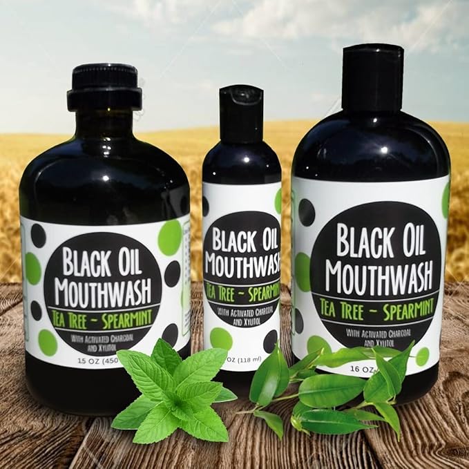 Coconut/Avocado/Sesame Black Oil Mouthwash Sweet &amp Delicious with Charcoal &amp Xylitol for Oil Pulling 15 oz Black Oil Mouthwash Glass Bottle (Tea Tree - Spearmint)